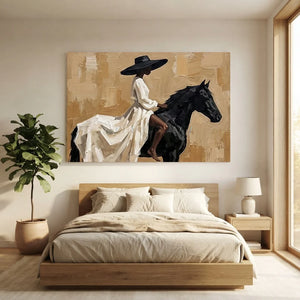 Elegant Woman on Black Horse Textured Oil Painting #NM230