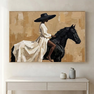 Elegant Woman on Black Horse Textured Oil Painting #NM230