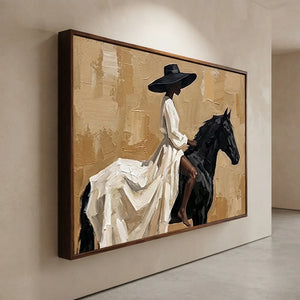 Elegant Woman on Black Horse Textured Oil Painting #NM230