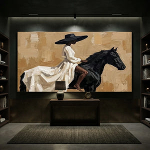 Elegant Woman on Black Horse Textured Oil Painting #NM230