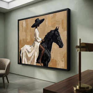 Elegant Woman on Black Horse Textured Oil Painting #NM230
