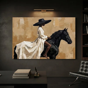Elegant Woman on Black Horse Textured Oil Painting #NM230
