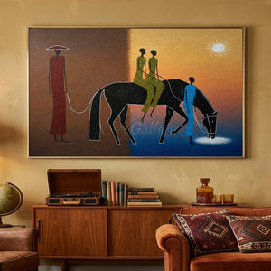 Textured Abstract Journey: Horse & Figures at Sunset #NM231