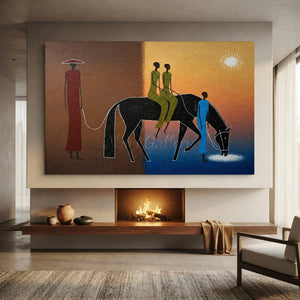 Textured Abstract Journey: Horse & Figures at Sunset #NM231