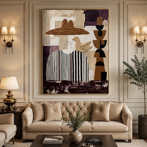 Abstract Woman with Hat & Bird Textured Oil Painting #NM308
