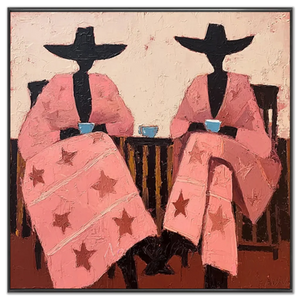 Textured Abstract Painting: Two Figures in Pink with Hats #NM261