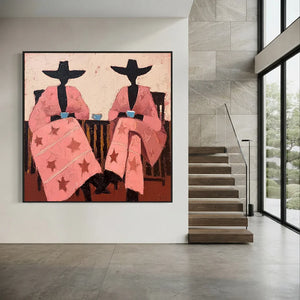 Textured Abstract Painting: Two Figures in Pink with Hats #NM261
