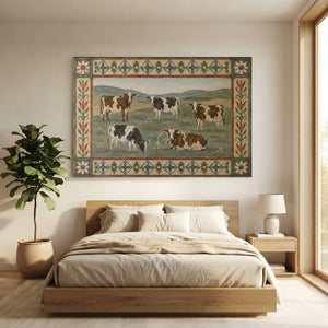 Pastoral Cow Herd Oil Painting with Folk Art Border #NM340