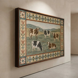 Pastoral Cow Herd Oil Painting with Folk Art Border #NM340