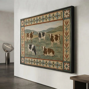 Pastoral Cow Herd Oil Painting with Folk Art Border #NM340