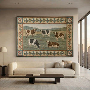 Pastoral Cow Herd Oil Painting with Folk Art Border #NM340