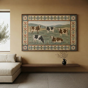 Pastoral Cow Herd Oil Painting with Folk Art Border #NM340