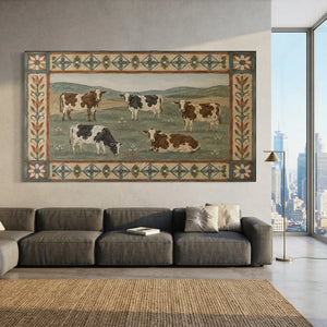 Pastoral Cow Herd Oil Painting with Folk Art Border #NM340