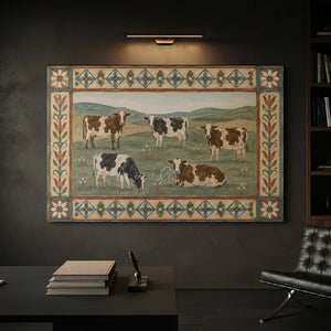 Pastoral Cow Herd Oil Painting with Folk Art Border #NM340