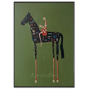 Whimsical Horse & Rider Abstract Oil Painting on Green #NM363