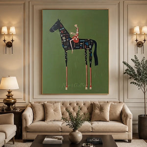 Whimsical Horse & Rider Abstract Oil Painting on Green #NM363