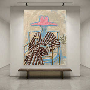 Elegant Woman in Pink Hat Pop Art Oil Painting #NM365