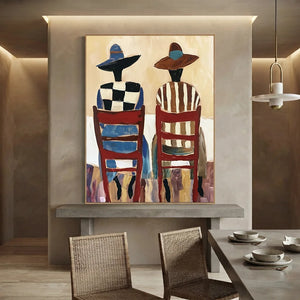 Abstract Figures in Hats & Red Chairs Canvas Art #NM451