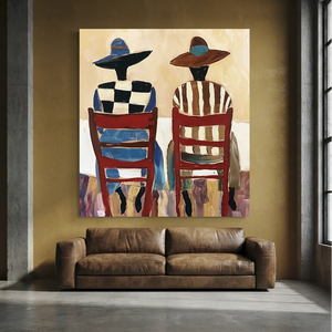 Abstract Figures in Hats & Red Chairs Canvas Art #NM451