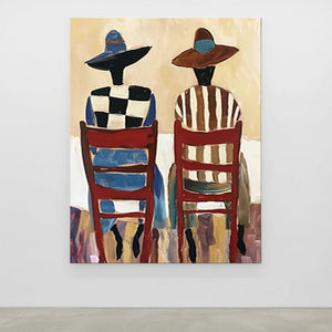 Abstract Figures in Hats & Red Chairs Canvas Art #NM451
