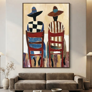 Abstract Figures in Hats & Red Chairs Canvas Art #NM451