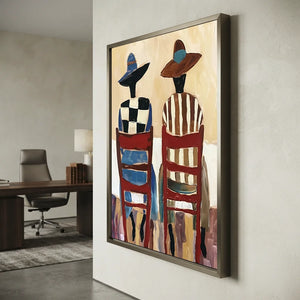 Abstract Figures in Hats & Red Chairs Canvas Art #NM451