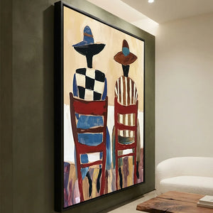 Abstract Figures in Hats & Red Chairs Canvas Art #NM451