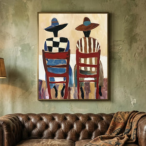 Abstract Figures in Hats & Red Chairs Canvas Art #NM451