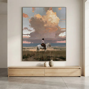 Western Rider & Dramatic Sunset Sky Oil Painting #NM370