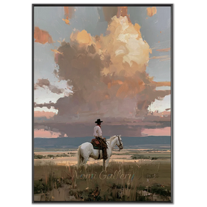 Western Rider & Dramatic Sunset Sky Oil Painting #NM370