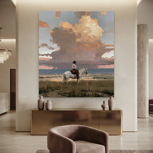 Western Rider & Dramatic Sunset Sky Oil Painting #NM370