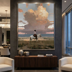 Western Rider & Dramatic Sunset Sky Oil Painting #NM370