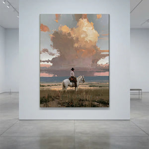 Western Rider & Dramatic Sunset Sky Oil Painting #NM370