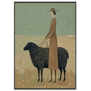 Whimsical Woman & Black Sheep Minimalist Art Print #NM372