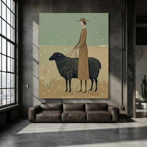 Whimsical Woman & Black Sheep Minimalist Art Print #NM372