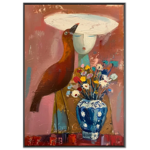 Abstract Woman with Bird & Floral Vase Textured Art #NM373