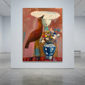 Abstract Woman with Bird & Floral Vase Textured Art #NM373