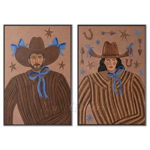 Whimsical Western Duo Portraits with Blue Bows #NM489