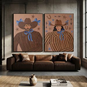 Whimsical Western Duo Portraits with Blue Bows #NM489