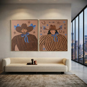 Whimsical Western Duo Portraits with Blue Bows #NM489