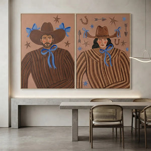 Whimsical Western Duo Portraits with Blue Bows #NM489