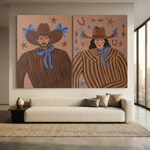 Whimsical Western Duo Portraits with Blue Bows #NM489
