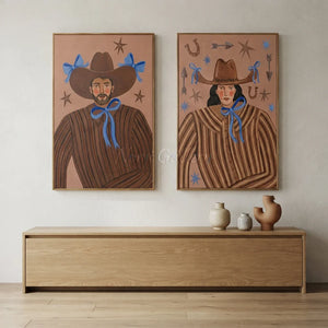 Whimsical Western Duo Portraits with Blue Bows #NM489