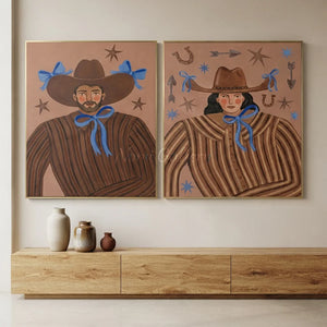 Whimsical Western Duo Portraits with Blue Bows #NM489