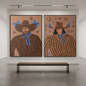 Whimsical Western Duo Portraits with Blue Bows #NM489