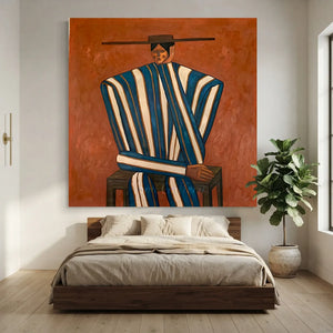 Abstract Seated Figure in Blue Stripes Oil Painting #NM352
