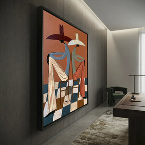 Abstract Figures in Hats Textured Painting #NM455