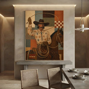Americana Cowboy & Horse Oil Painting, Bold Geometric Art #NM457