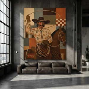 Americana Cowboy & Horse Oil Painting, Bold Geometric Art #NM457