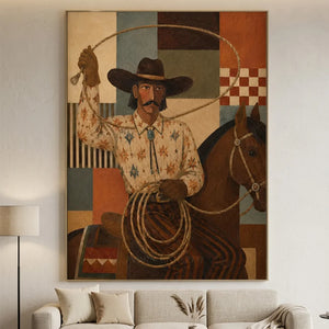 Americana Cowboy & Horse Oil Painting, Bold Geometric Art #NM457